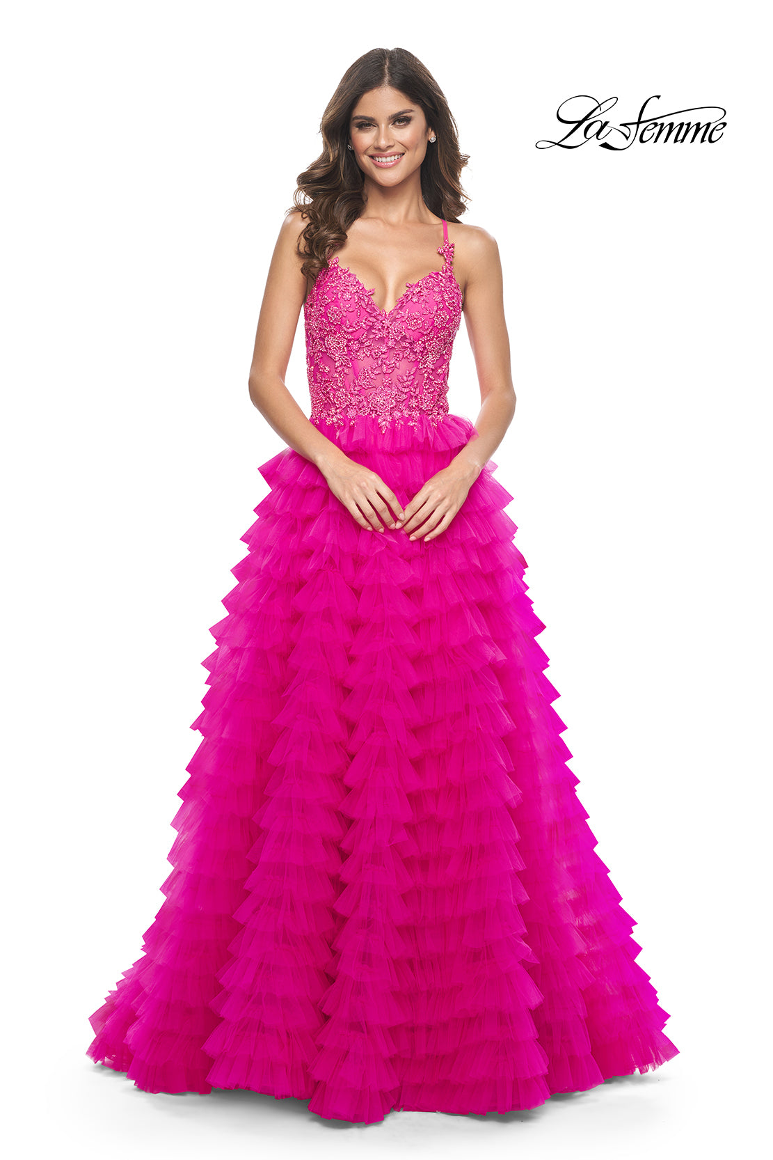 La-Femme-32334-V-Neck-Neckline-Lace-up-Back-High-SlitLace-Tulle-Ball-Gowns-HotFuchsia-Evening-Dress-B-Chic-Fashions-Prom_Dress