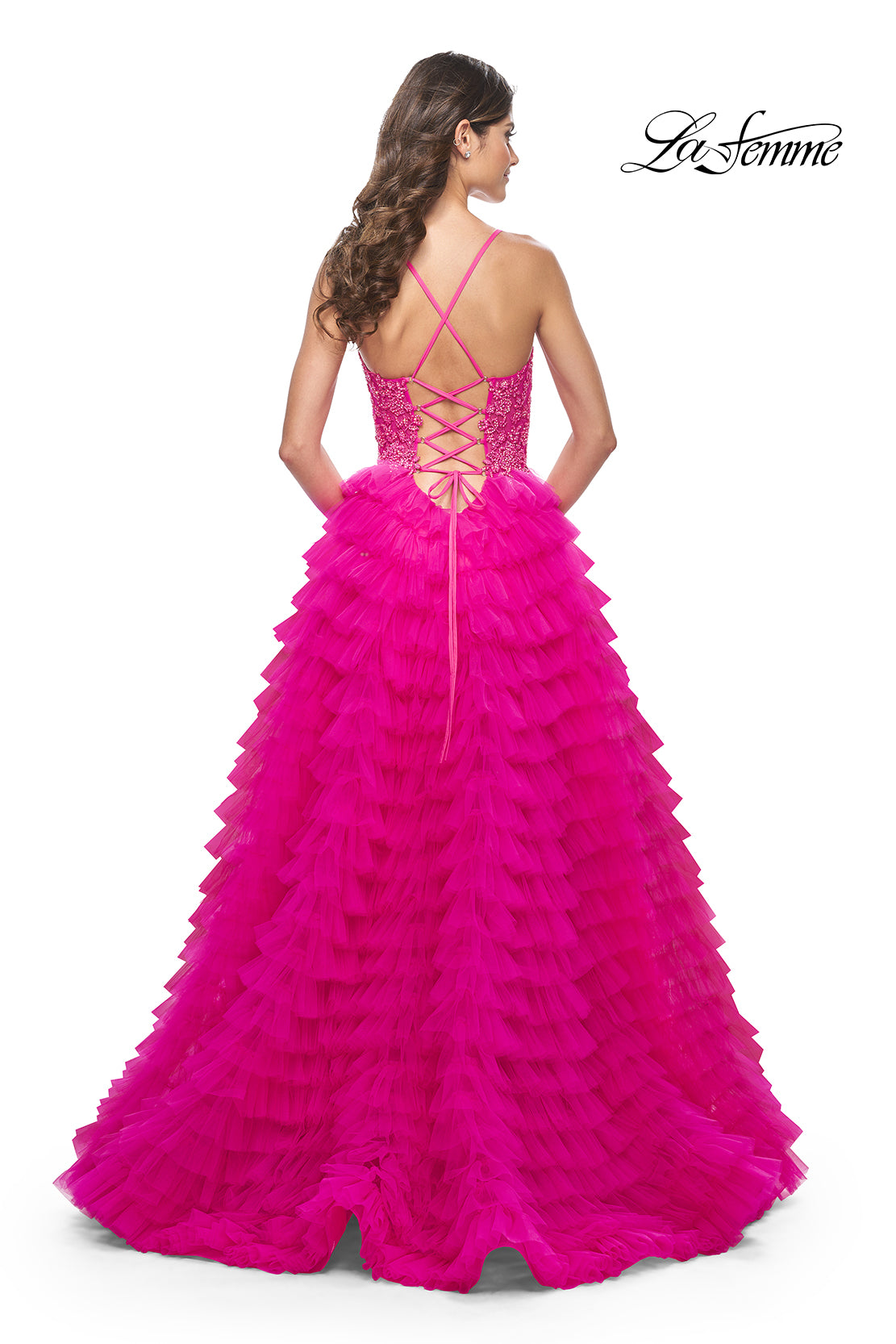 La-Femme-32334-V-Neck-Neckline-Lace-up-Back-High-SlitLace-Tulle-Ball-Gowns-HotFuchsia-Evening-Dress-B-Chic-Fashions-Prom_Dress