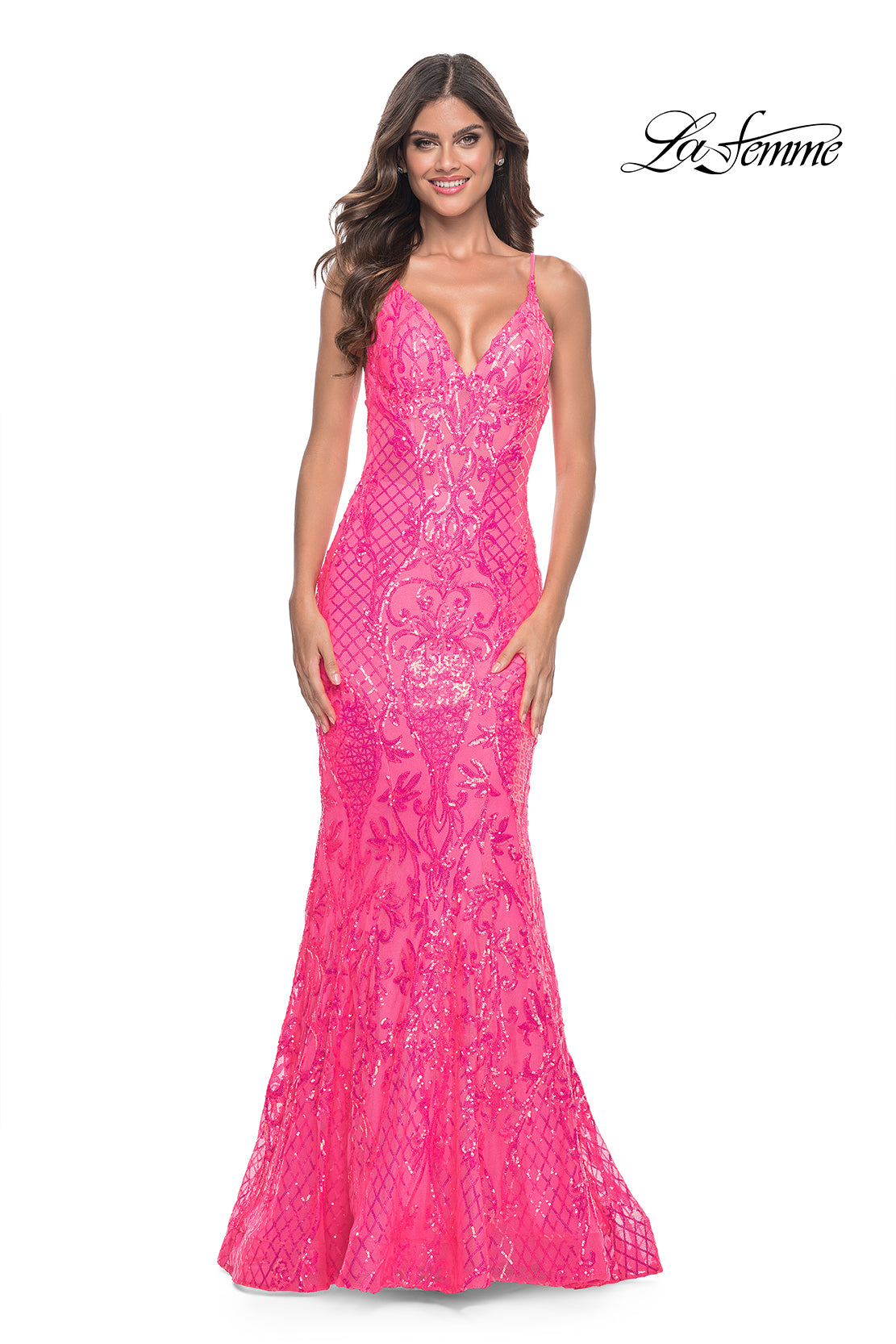 La-Femme-32337-V-Neck-Neckline-Low-Back-Train-Print-Sequin-Fitted-Neon-Pink-Evening-Dress-B-Chic_Fashions-Prom-Dress