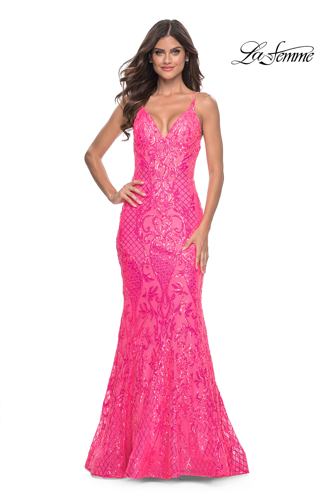 La-Femme-32337-V-Neck-Neckline-Low-Back-Train-Print-Sequin-Fitted-Neon-Pink-Evening-Dress-B-Chic_Fashions-Prom-Dress