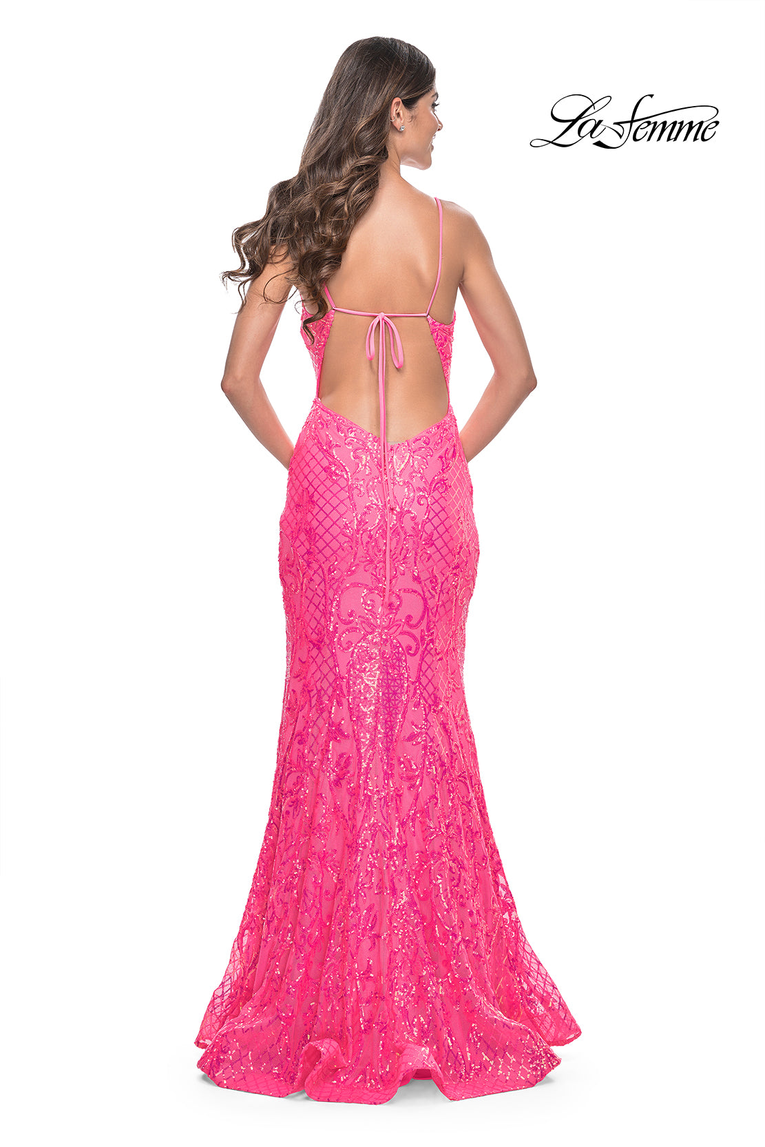 La-Femme-32337-V-Neck-Neckline-Low-Back-Train-Print-Sequin-Fitted-Neon-Pink-Evening-Dress-B-Chic_Fashions-Prom-Dress