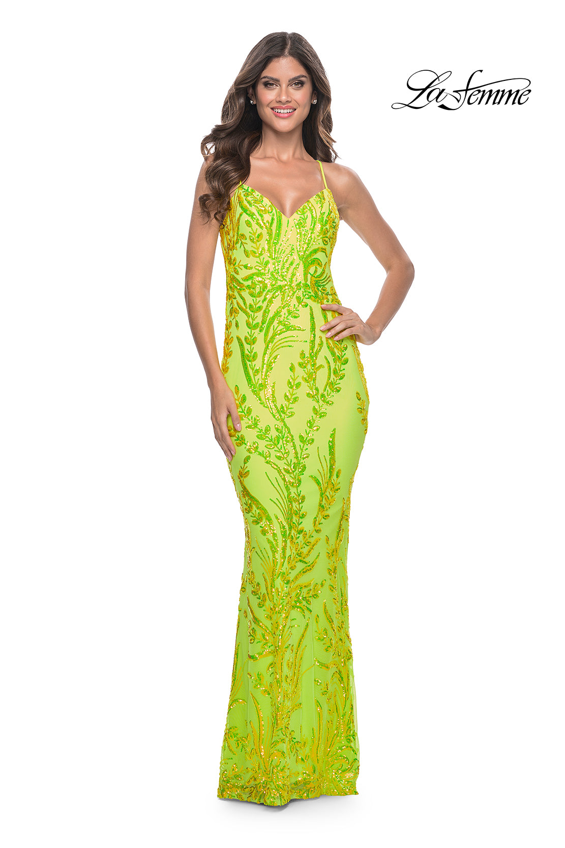 La-Femme-32343-V-Neck-Neckline-Open-Back-Corset-Print-Sequin-Column-Fitted-Bright-Green-Evening-Dress-B-Chic-Fashions-Prom-Dress