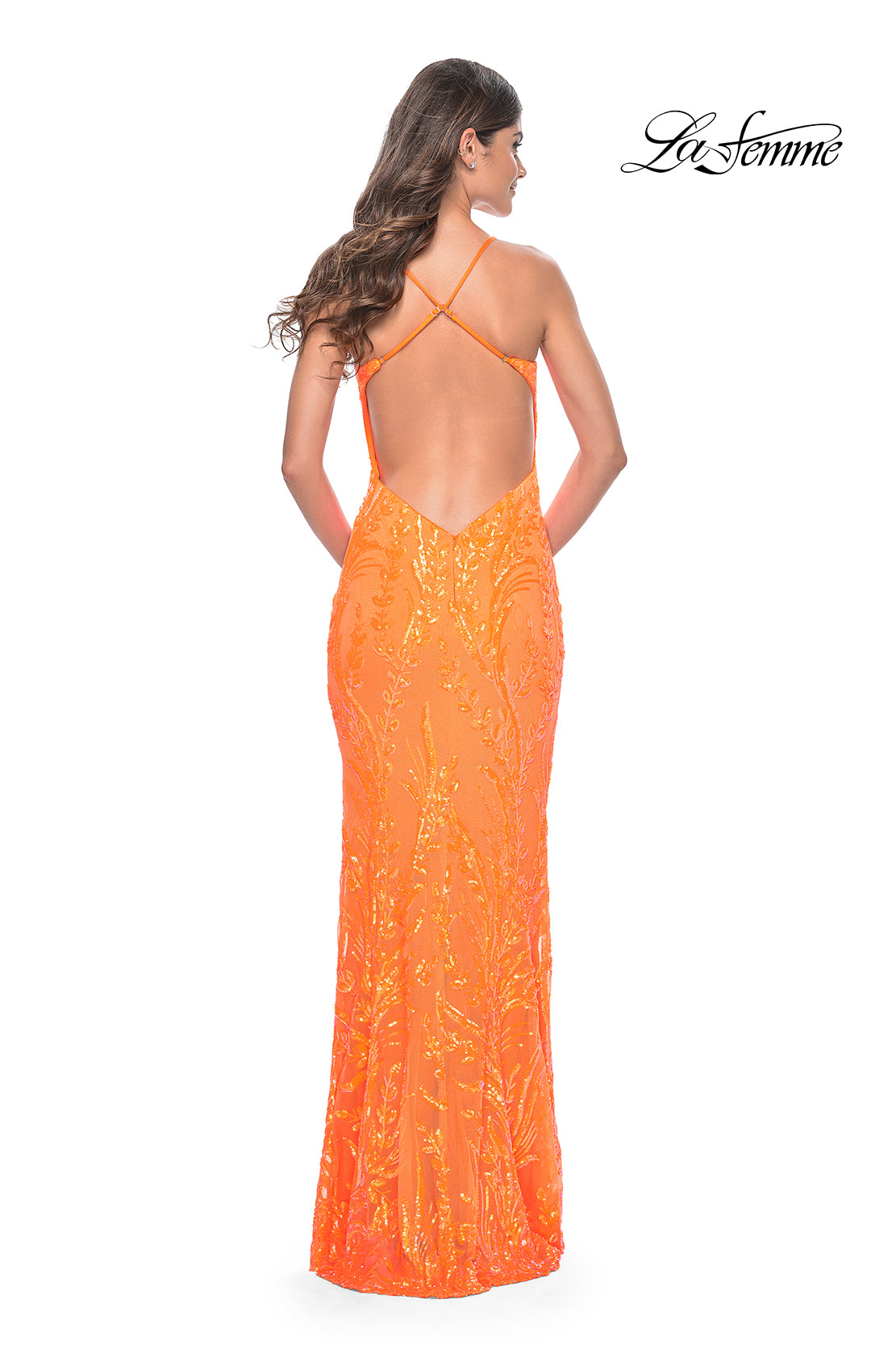 strapless open back dress La Femme 32343 Sleeveless Leaf Designed Prom Dress