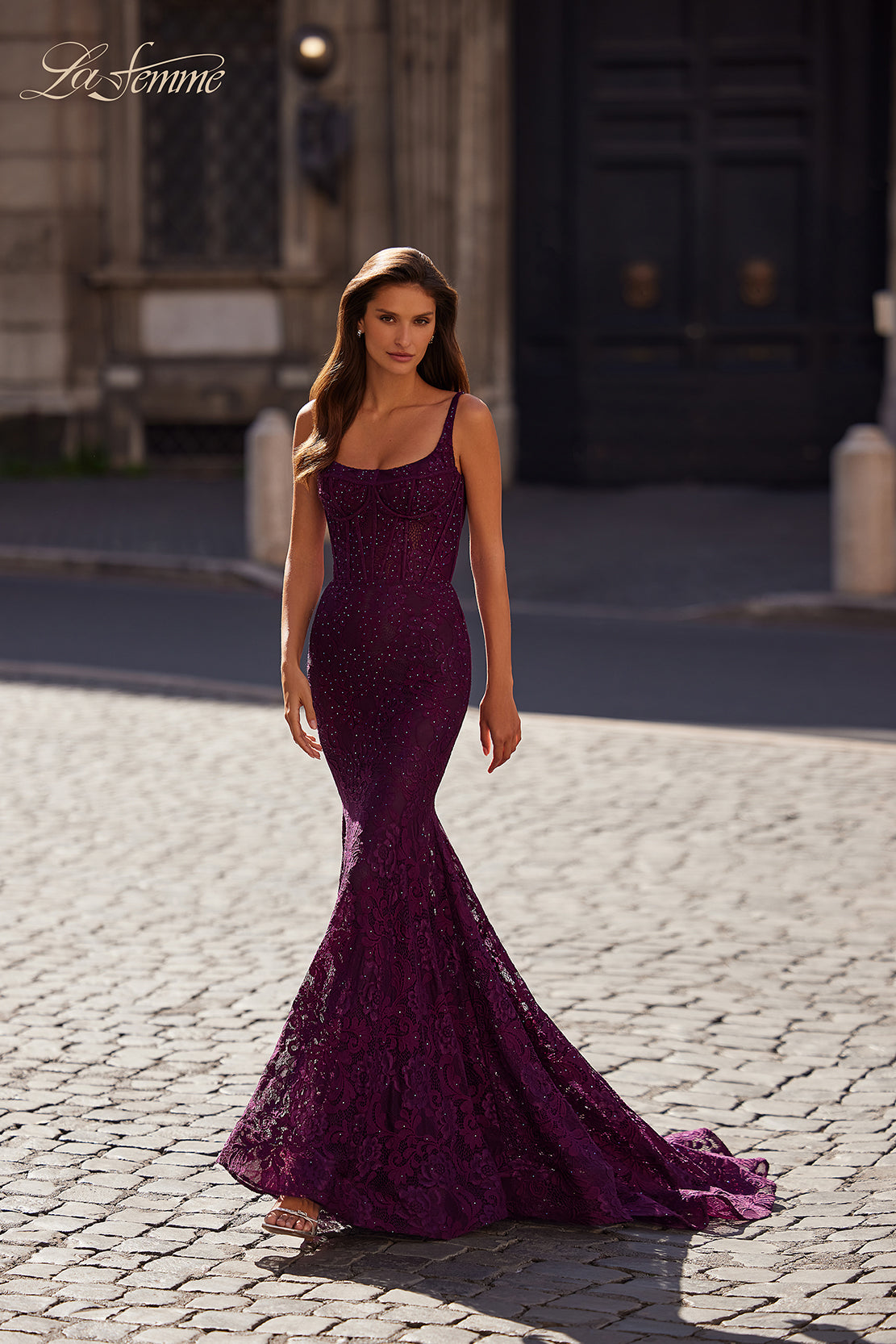 Shop La Femme 32420 Scoop Neckline Lace up Back Train Lace Mermaid Fitted Evening Dress B Chic Fashions Shop La Femme 32420 Scoop Neckline Lace up Back Train Lace Mermaid Fitted Evening Dress B Chic Fashions