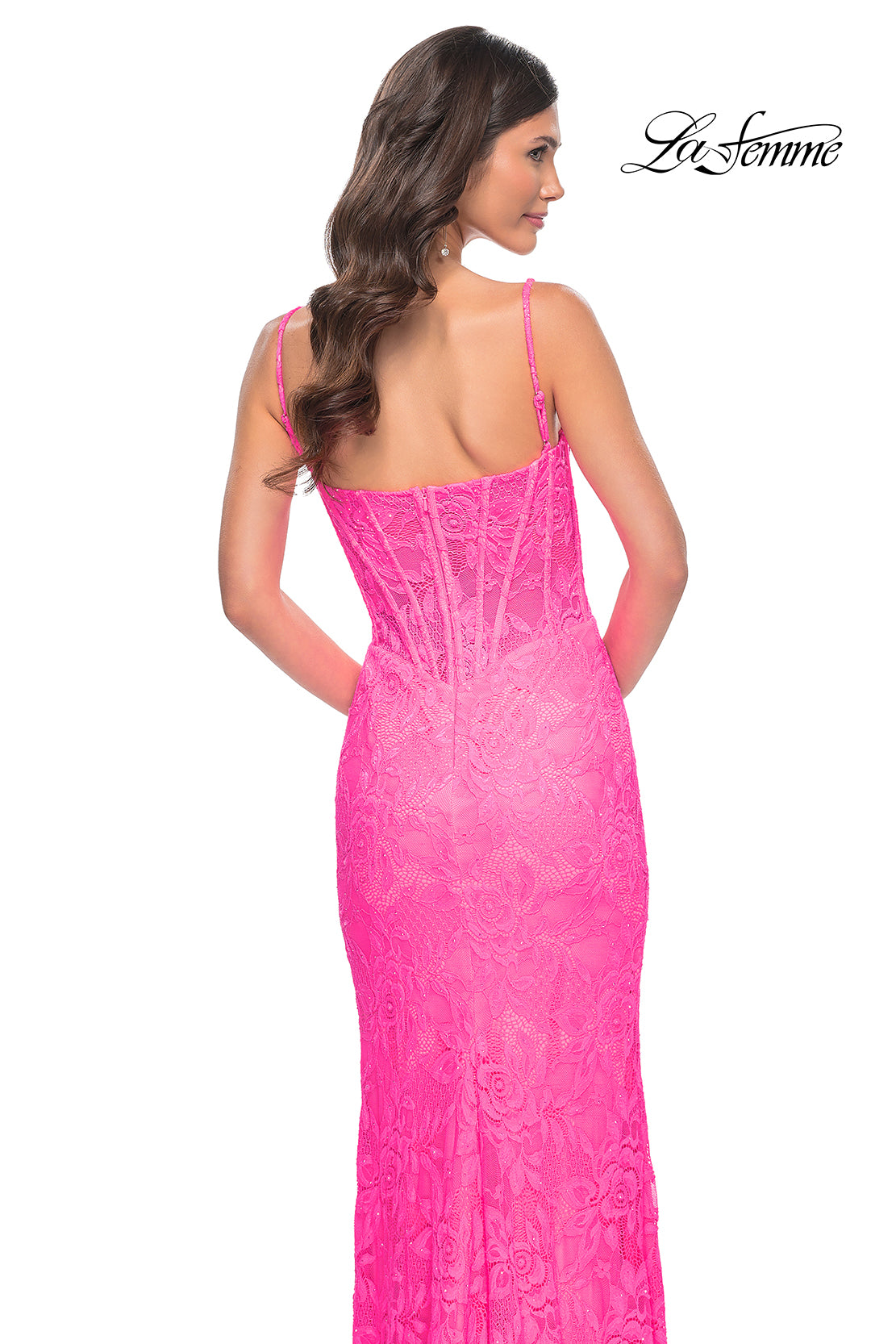 La-Femme-32423-Square-Neckline-Zipper-Back-High-Slit-Lace-Fitted-Neon-Pink-Evening-Dress-B-Chic-Fashions-Prom-Dress