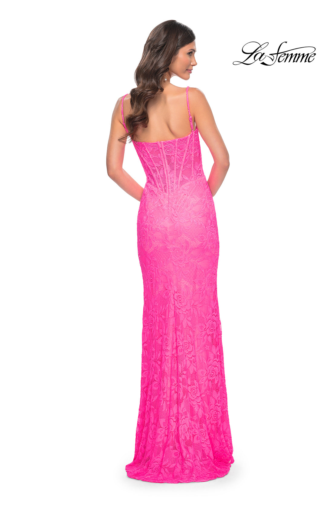 La-Femme-32423-Square-Neckline-Zipper-Back-High-Slit-Lace-Fitted-Neon-Pink-Evening-Dress-B-Chic-Fashions-Prom-Dress