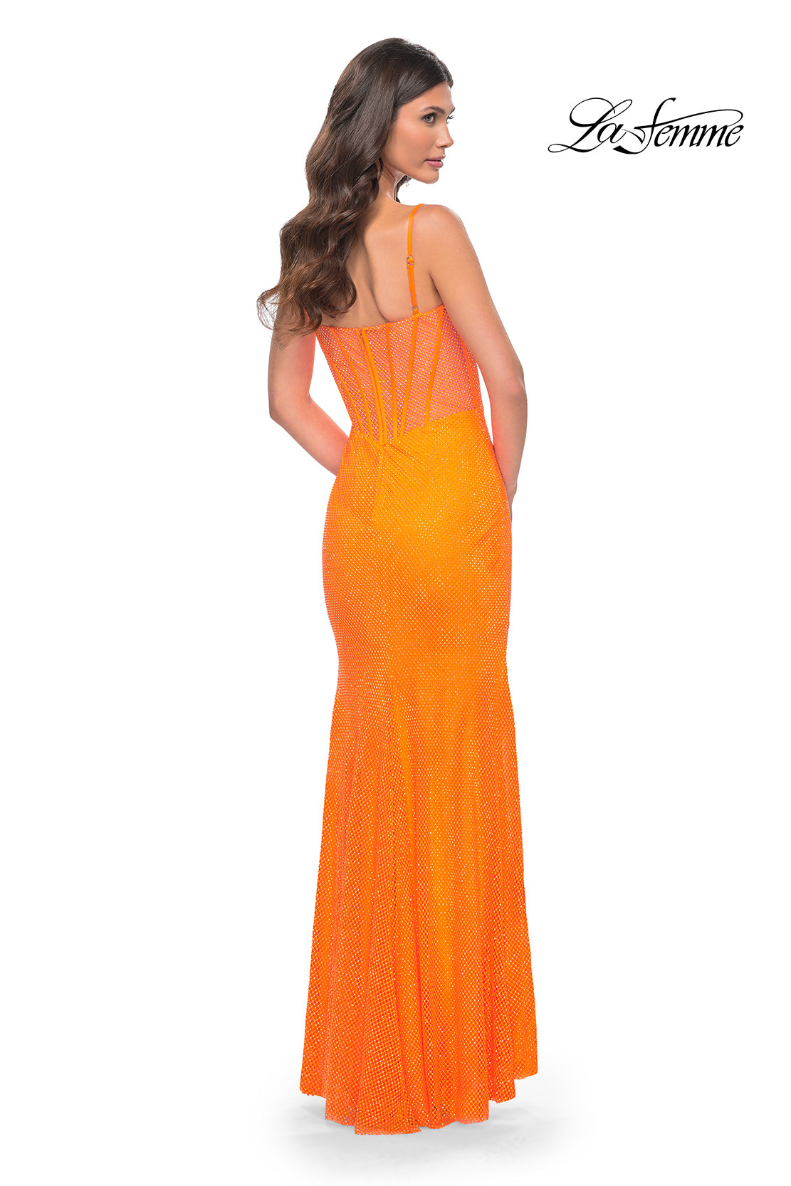 Shop La Femme 32427 V-Neck Neckline Zipper Back High Slit Hot Stone/Fishnet Fitted Evening Dress B Chic Fashions Shop La Femme 32427 V-Neck Neckline Zipper Back High Slit Hot Stone/Fishnet Fitted Evening Dress B Chic Fashions