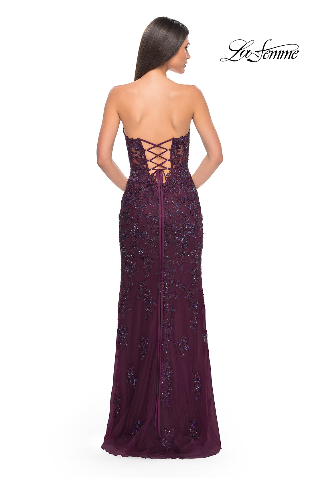     La-Femme-32437-Sweetheart-Neckline-Lace-up-Back-High-Slit-Lace-Tulle-Fitted-Dark-Berry-Evening-Dress-B-Chic-Fashions-Prom-Dress