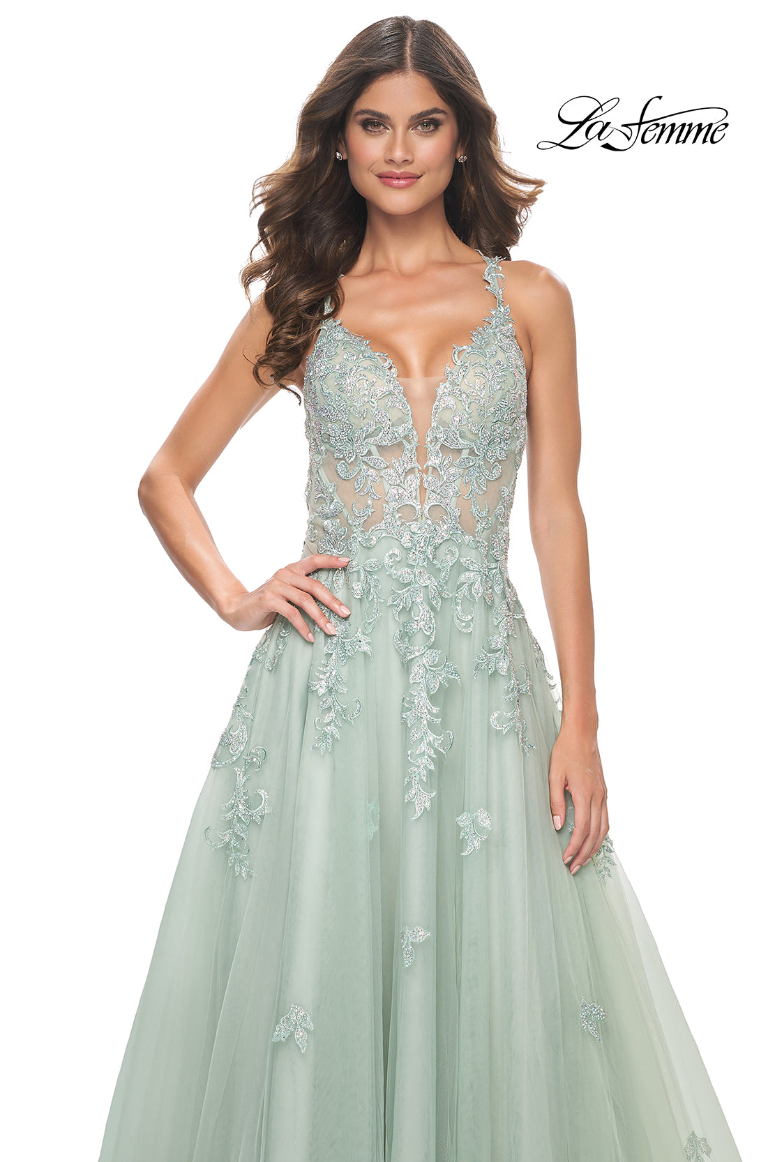 La-Femme-32438-V-Neck-Plunging-Neckline-Criss-Cross-Back-Train-Lace-Tulle-Ball-Gowns-Sage-Evening-Dress-B-Chic-Fashions-Prom-Dress