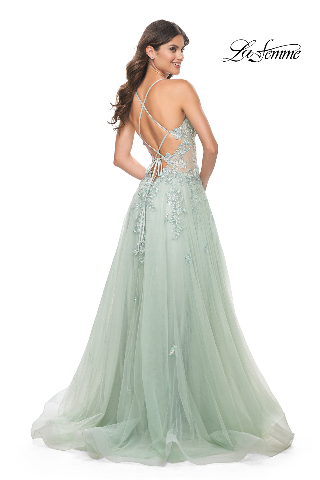 La-Femme-32438-V-Neck-Plunging-Neckline-Criss-Cross-Back-Train-Lace-Tulle-Ball-Gowns-Sage-Evening-Dress-B-Chic-Fashions-Prom-Dress