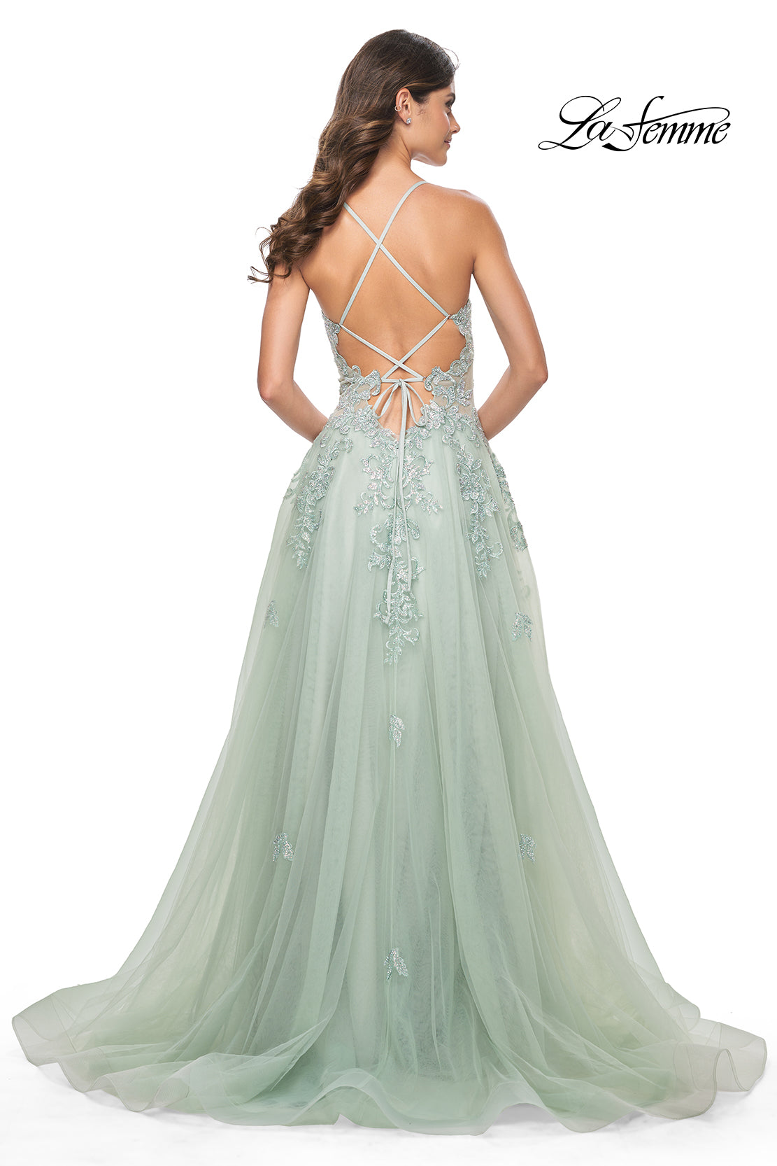 La-Femme-32438-V-Neck-Plunging-Neckline-Criss-Cross-Back-Train-Lace-Tulle-Ball-Gowns-Sage-Evening-Dress-B-Chic-Fashions-Prom-Dress