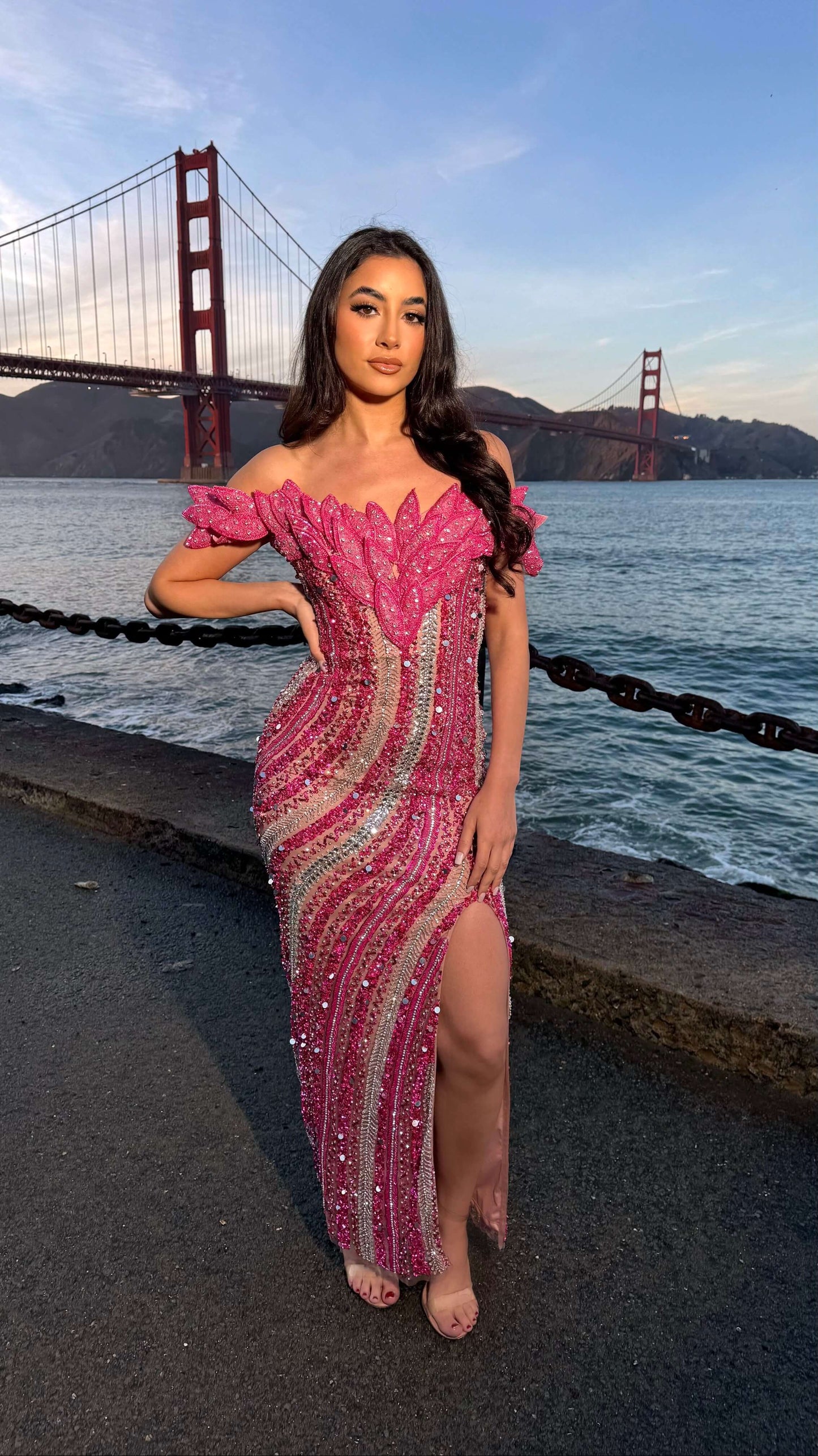 Laila Off Shoulder Leaf Beaded Sequin Gown