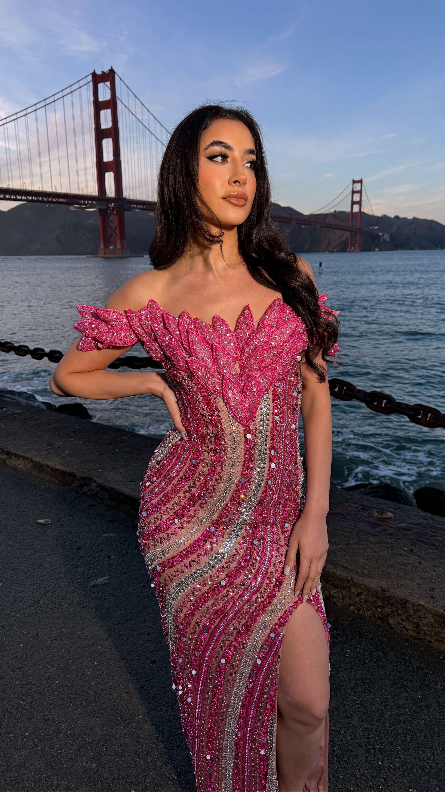 Laila Off Shoulder Leaf Beaded Sequin Gown