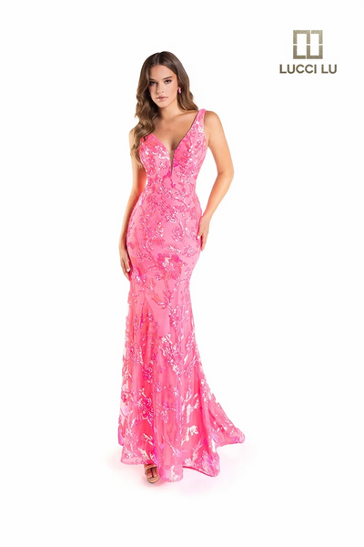 Lucci-Lu-1230-Plunging-V-Neckline-Open-Back-Train-Sequins-Tulle-Fit-N-Flare-Neon-Pink-Evening-Dress-B-Chic-Fashions-Prom-Dress