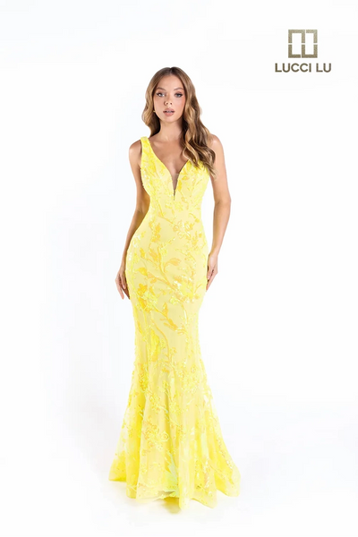Lucci-Lu-1230-Plunging-V-Neckline-Open-Back-Train-Sequins-Tulle-Fit-N-Flare-Neon-Yellow-Evening-Dress-B-Chic-Fashions-Prom-Dress