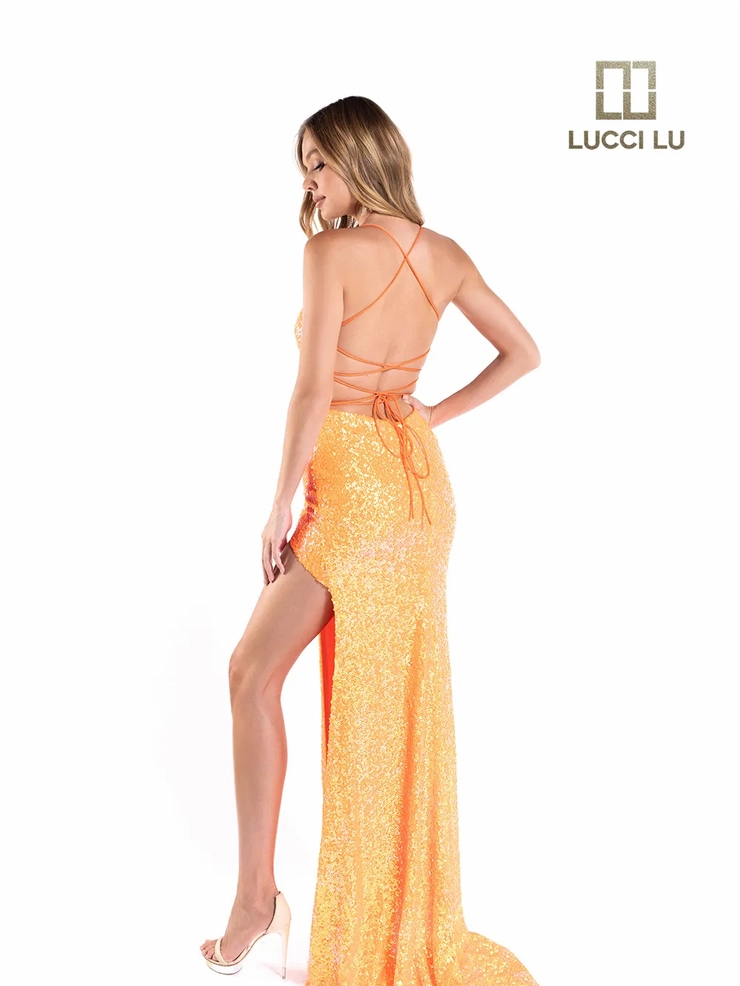 Lucci-Lu-1238-Square-Neckline-Criss-Cross-Back-High-Slit-Sequins-Fit-N-Flare-Neon-Orange-Evening-Dress-B-Chic-Fashions-Prom-Dress