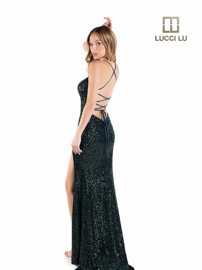 Lucci-Lu-1245-V-Neck-Neckline-Criss-Cross-Back-High-Slit-Sequins-Velvet-Fit-N-Flare-Hunter-Green-Evening-Dress-B-Chic-Fashions-Prom-Dress