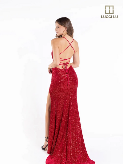 Lucci-Lu-1245-V-Neck-Neckline-Criss-Cross-Back-High-Slit-Sequins-Velvet-Fit-N-Flare-Red-Evening-Dress-B-Chic-Fashions-Prom-Dress