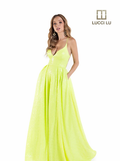 Lucci-Lu-1246-V-Neck-Neckline-Criss-Cross-Back-Sweep-Train-Sequins-A-Line-Neon-Green-Evening-Dress-B-Chic-Fashions-Prom-Dress