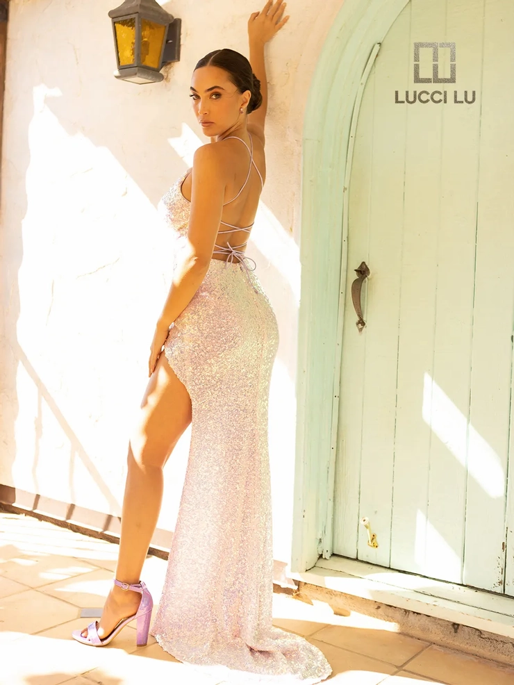 Lucci-Lu-1248-Cowl-Neckline-Lace-up-Back-High-Slit-Sequins-Fit-N-Flare-Lilac-Evening-Dress-B-Chic-Fashions-Prom-Dress
