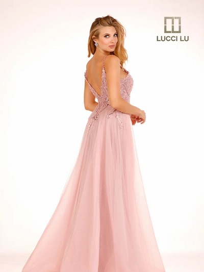 Lucci-Lu-1279-Plunging-V-Neckline-Open-Back-Train-Embroidered-Tulle-Fit-N-Flare-Dust-Rose-Evening-Dress-B-Chic-Fashions-Prom-Dress