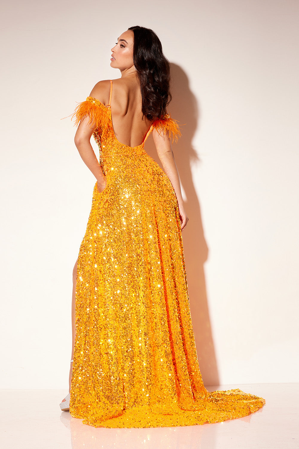 Lucci-Lu-1305-Deep-V-Neckline-Backless-High-Slit-Sequins-Feathers-A-Line-Orange-Evening-Dress-B-Chic-Fashions-Prom-Dress