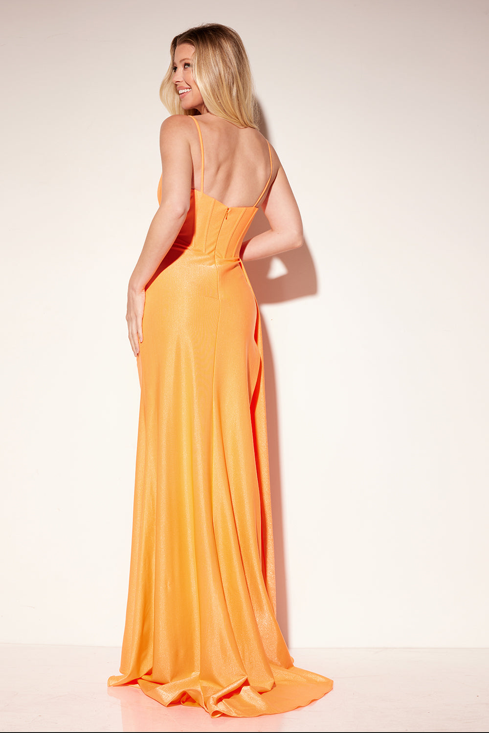 Shop Lucci Lu 1324 Straight Neckline Zipper Back High Slit Shimmer Knit Fit  N Flare Evening Dress  B Chic Fashions