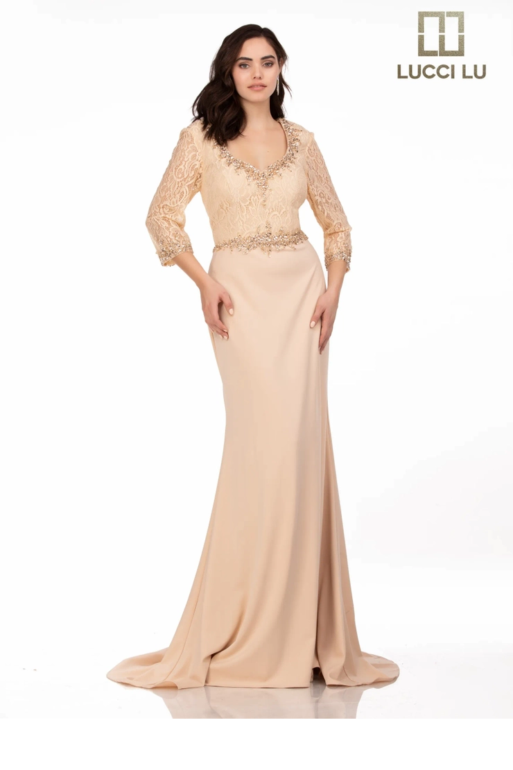 Lucci-Lu-6030W-V-Neck-Neckline-Sweep-Train-Lace-Stretch-Crepe-Sheath-Champagne-Evening-Dress-B-Chic-Fashions-Prom-Dress