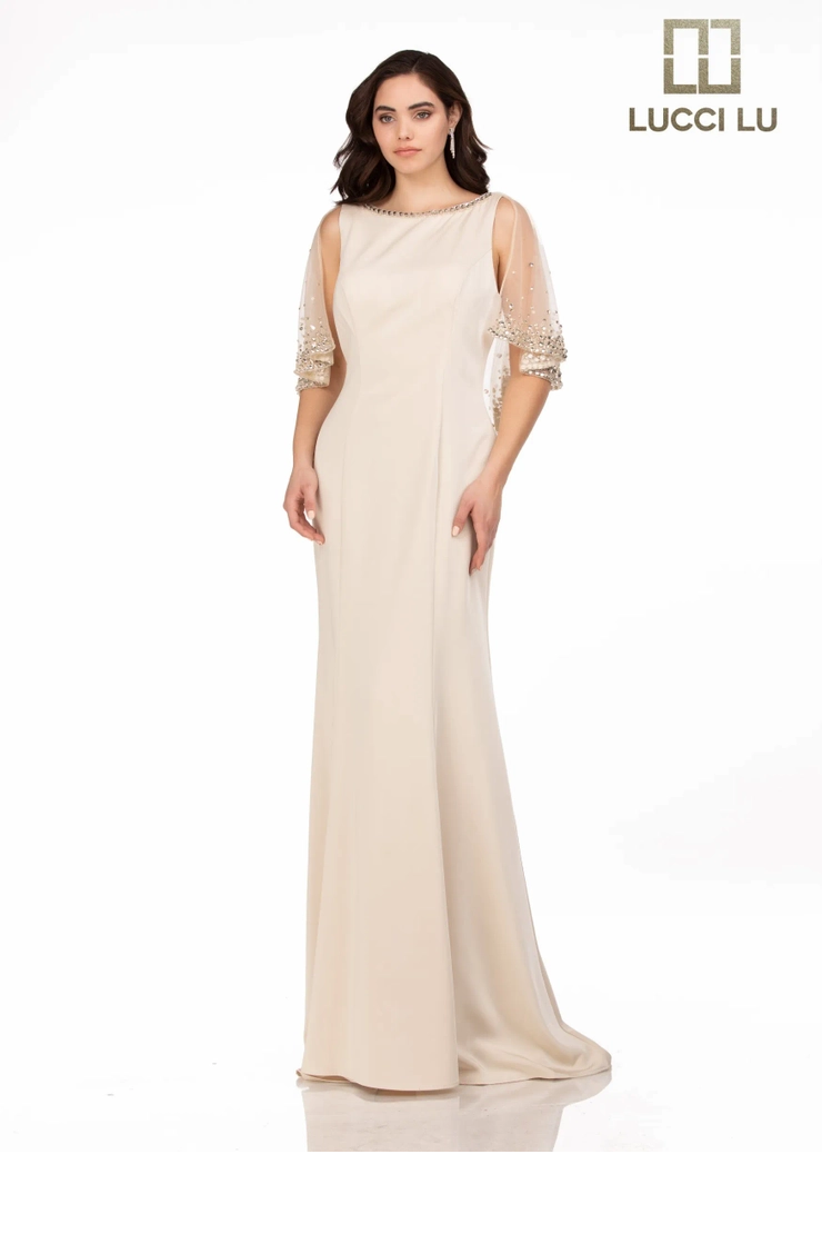 Lucci-Lu-6031W-High-Neckline-Open-Back-Sweep-Train-Tulle-Stretch-Crepe-Sheath-Champagne-Evening-Dress-B-Chic-Fashions-Prom-Dress