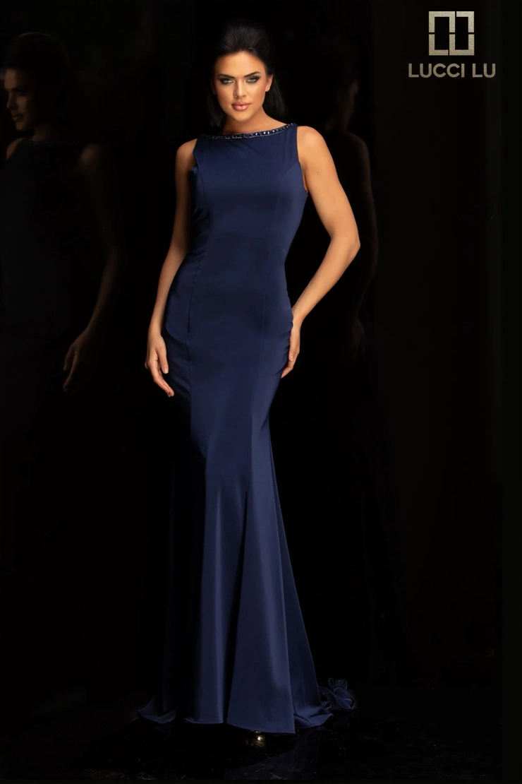 Lucci-Lu-6031W-High-Neckline-Open-Back-Sweep-Train-Tulle-Stretch-Crepe-Sheath-Navy-Evening-Dress-B-Chic-Fashions-Prom-Dress