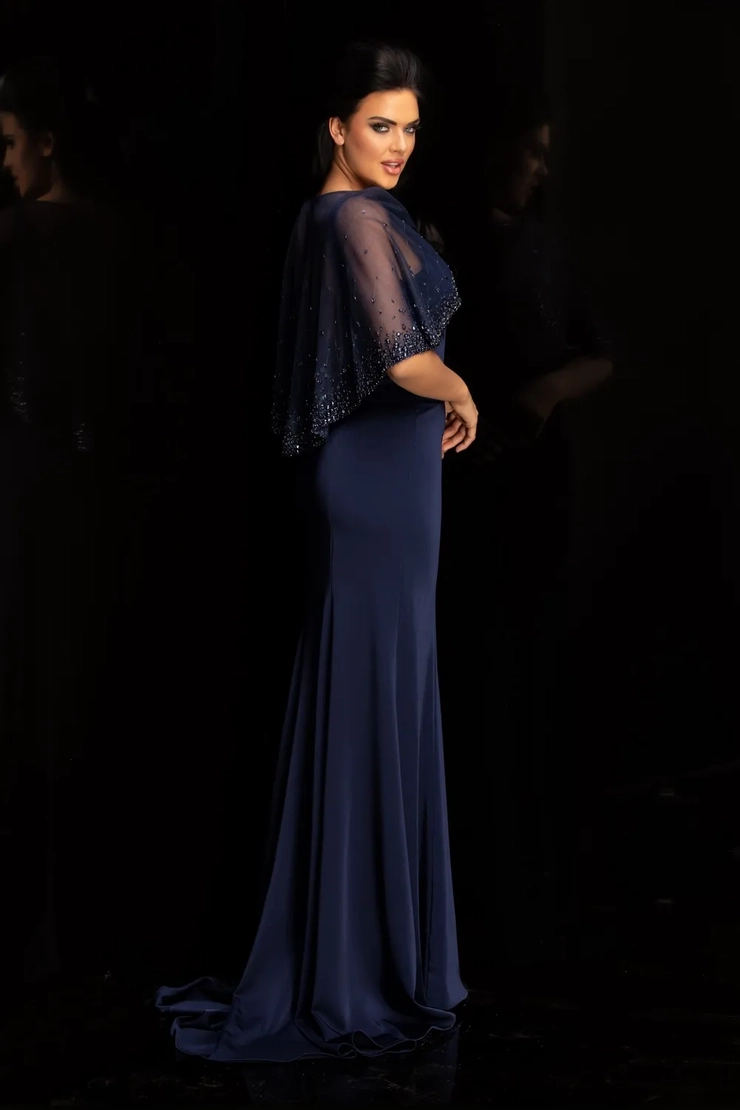 Lucci-Lu-6031W-High-Neckline-Open-Back-Sweep-Train-Tulle-Stretch-Crepe-Sheath-Navy-Evening-Dress-B-Chic-Fashions-Prom-Dress