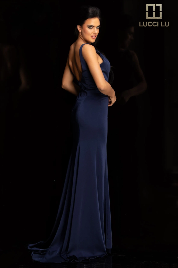 Lucci-Lu-6031W-High-Neckline-Open-Back-Sweep-Train-Tulle-Stretch-Crepe-Sheath-Navy-Evening-Dress-B-Chic-Fashions-Prom-Dress