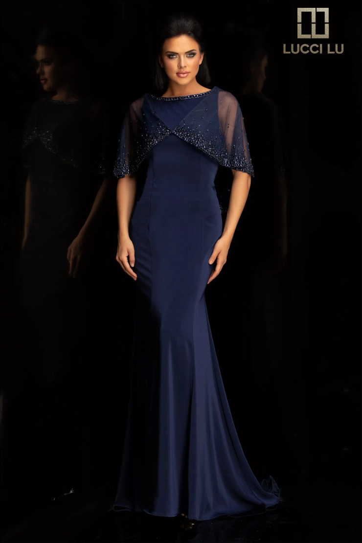 Lucci-Lu-6031W-High-Neckline-Open-Back-Sweep-Train-Tulle-Stretch-Crepe-Sheath-Navy-Evening-Dress-B-Chic-Fashions-Prom-Dress