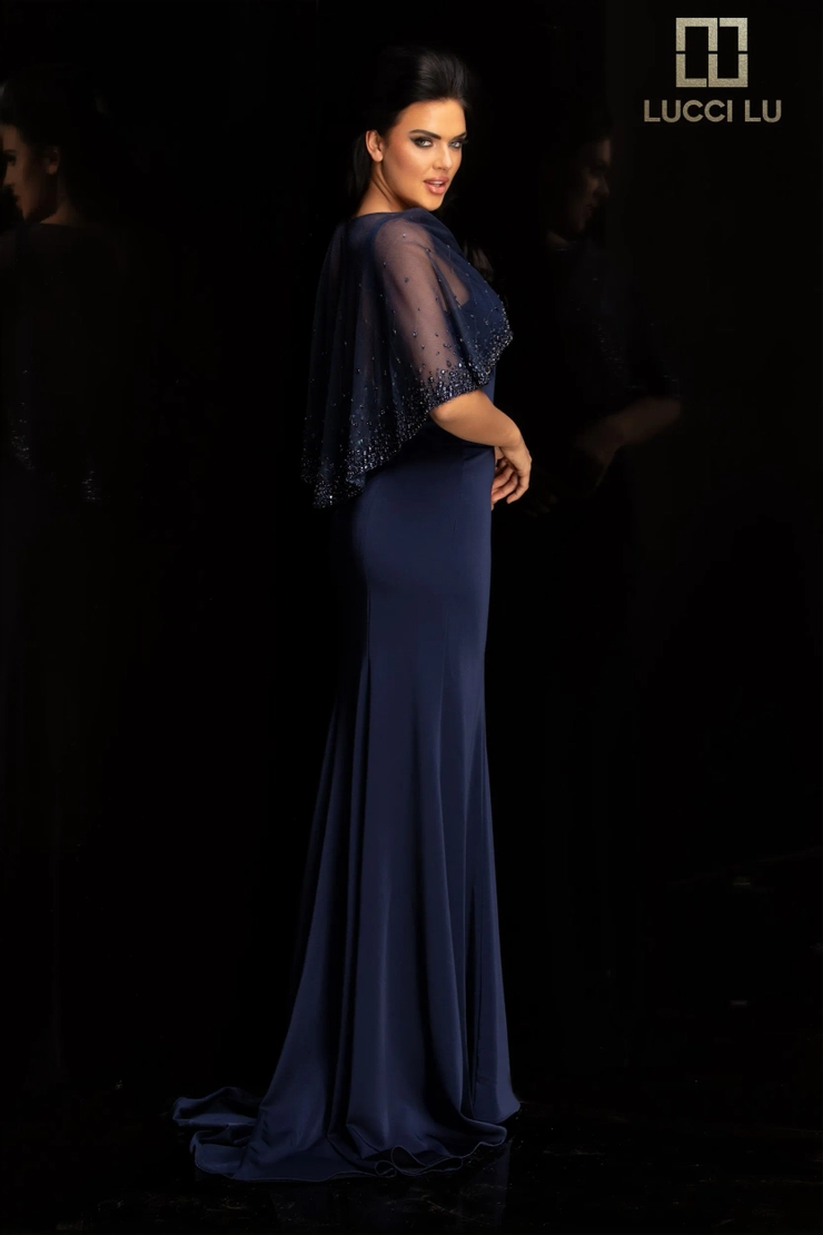 Lucci-Lu-6031W-High-Neckline-Open-Back-Sweep-Train-Tulle-Stretch-Crepe-Sheath-Navy-Evening-Dress-B-Chic-Fashions-Prom-Dress