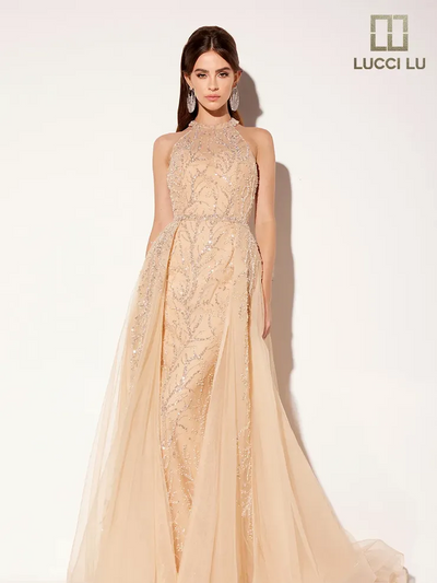 Lucci-Lu-C8034-High-Neckline-Closed-Back-Sweep-Train-Beaded-Tulle-A-Line-Gold-Evening-Dress-B-Chic-Fashions-Prom-Dress