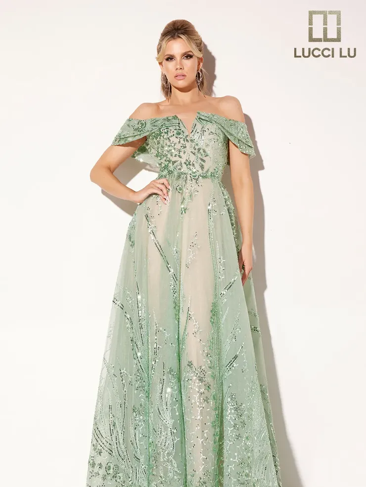 Lucci-Lu-C8035-V-Neck-Neckline-Open-Back-Sweep-Train-Beaded-Tulle-A-Line-Green-Evening-Dress-B-Chic-Fashions-Prom-Dress