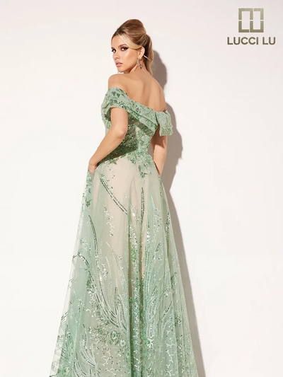 Lucci-Lu-C8035-V-Neck-Neckline-Open-Back-Sweep-Train-Beaded-Tulle-A-Line-Green-Evening-Dress-B-Chic-Fashions-Prom-Dress