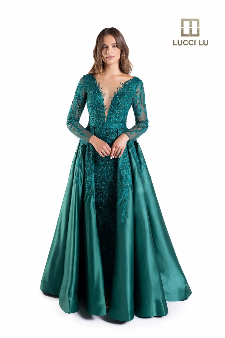 Lucci-Lu-C8045-Plunging-V-Neckline-Open-Back-Sweep-Train-Embroidered-Tulle-Fit-N-Flare-Emerald-Evening-Dress-B-Chic-Fashions-Prom-Dress