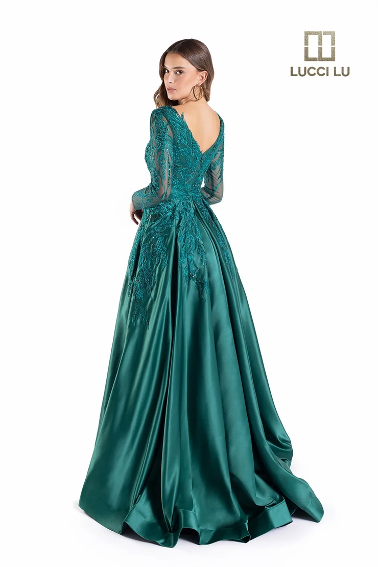 Lucci-Lu-C8045-Plunging-V-Neckline-Open-Back-Sweep-Train-Embroidered-Tulle-Fit-N-Flare-Emerald-Evening-Dress-B-Chic-Fashions-Prom-Dress