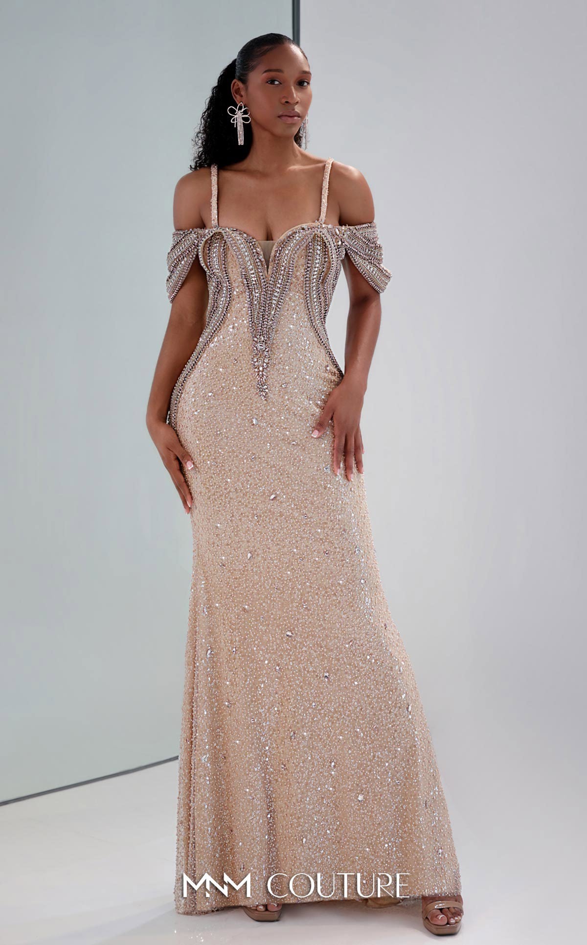 MNM Couture M0023 Pink Crystal-Embellished Cold-Shoulder Evening Gown