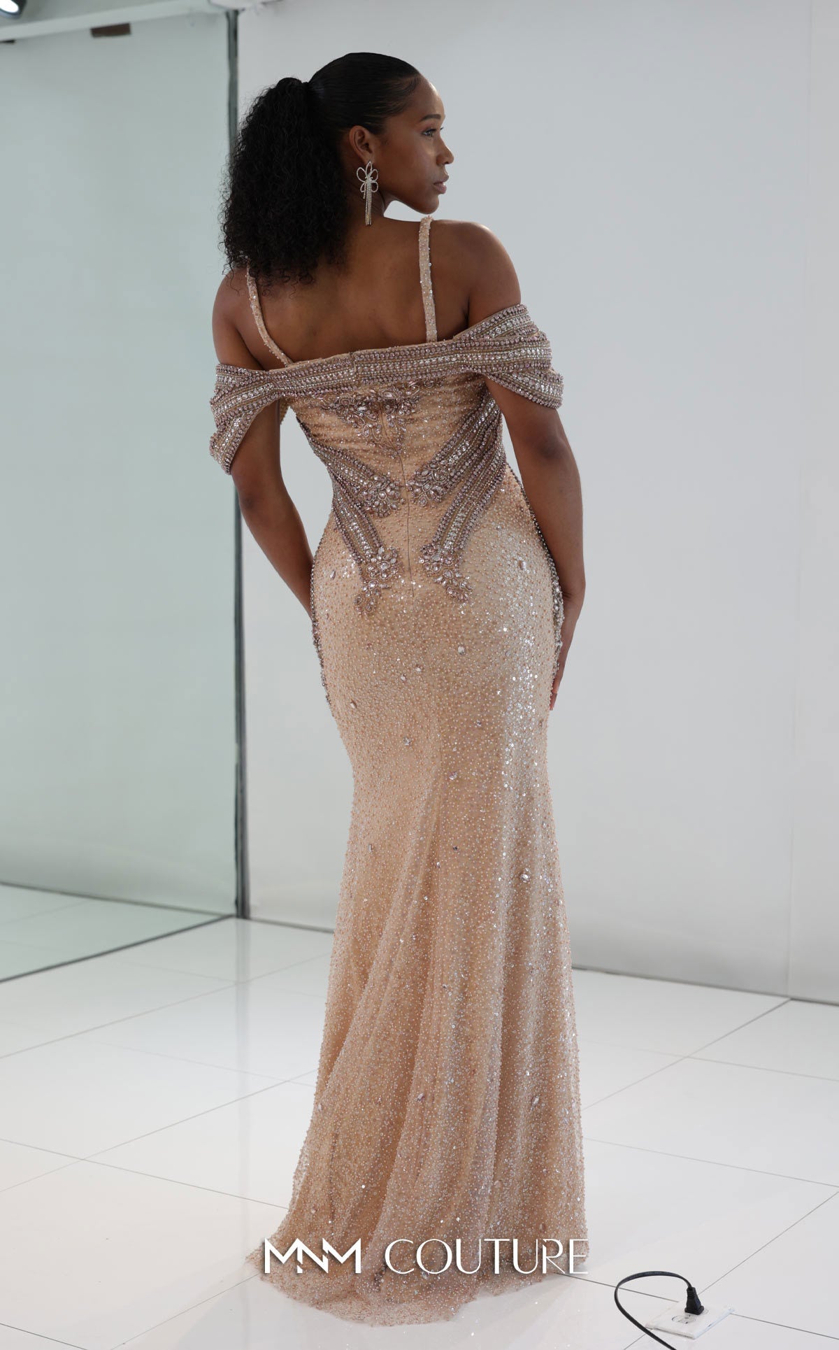 MNM Couture M0023 Pink Crystal-Embellished Cold-Shoulder Evening Gown