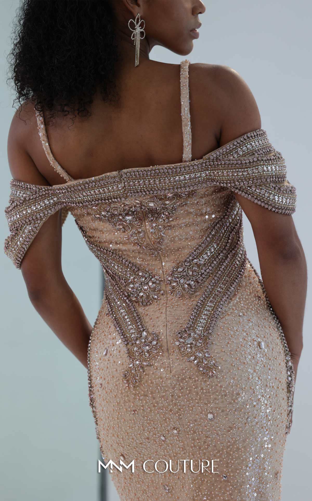 MNM Couture M0023 Pink Crystal-Embellished Cold-Shoulder Evening Gown