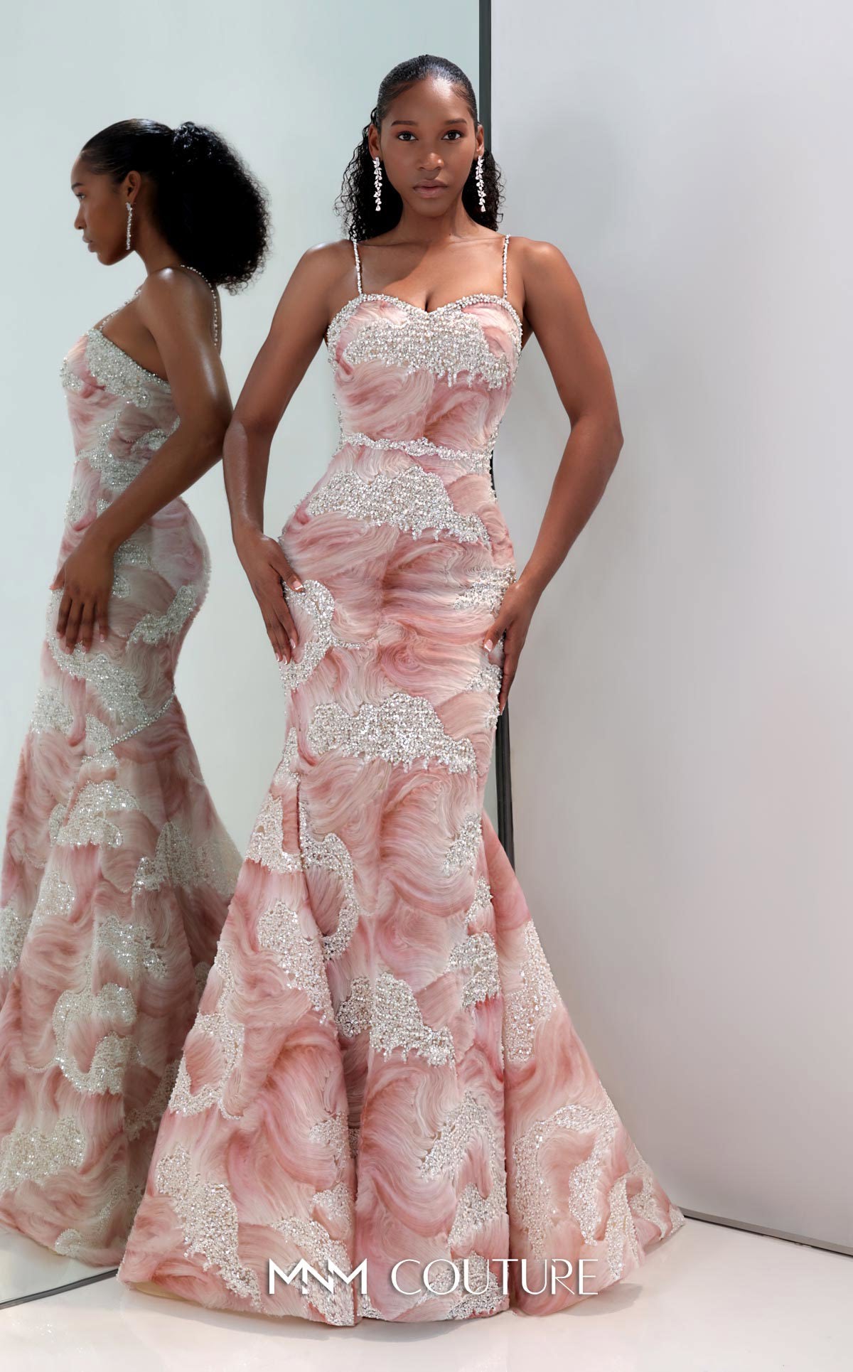 MNM Couture M1133 Pink Spaghetti Straps 3D Wave Tulle Mermaid Gown with Pearl Detailing