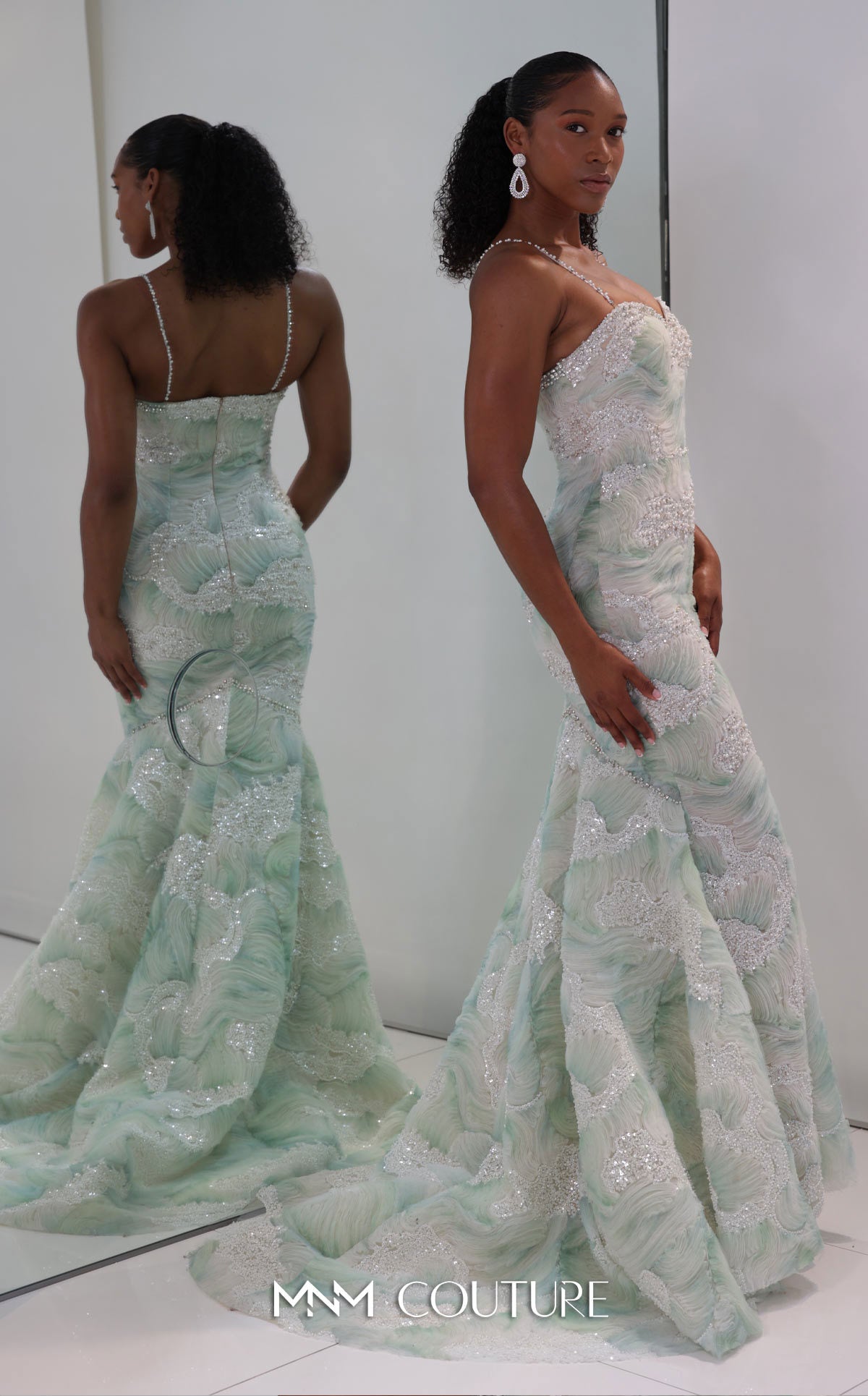 MNM Couture M1133 Pink Spaghetti Straps 3D Wave Tulle Mermaid Gown with Pearl Detailing