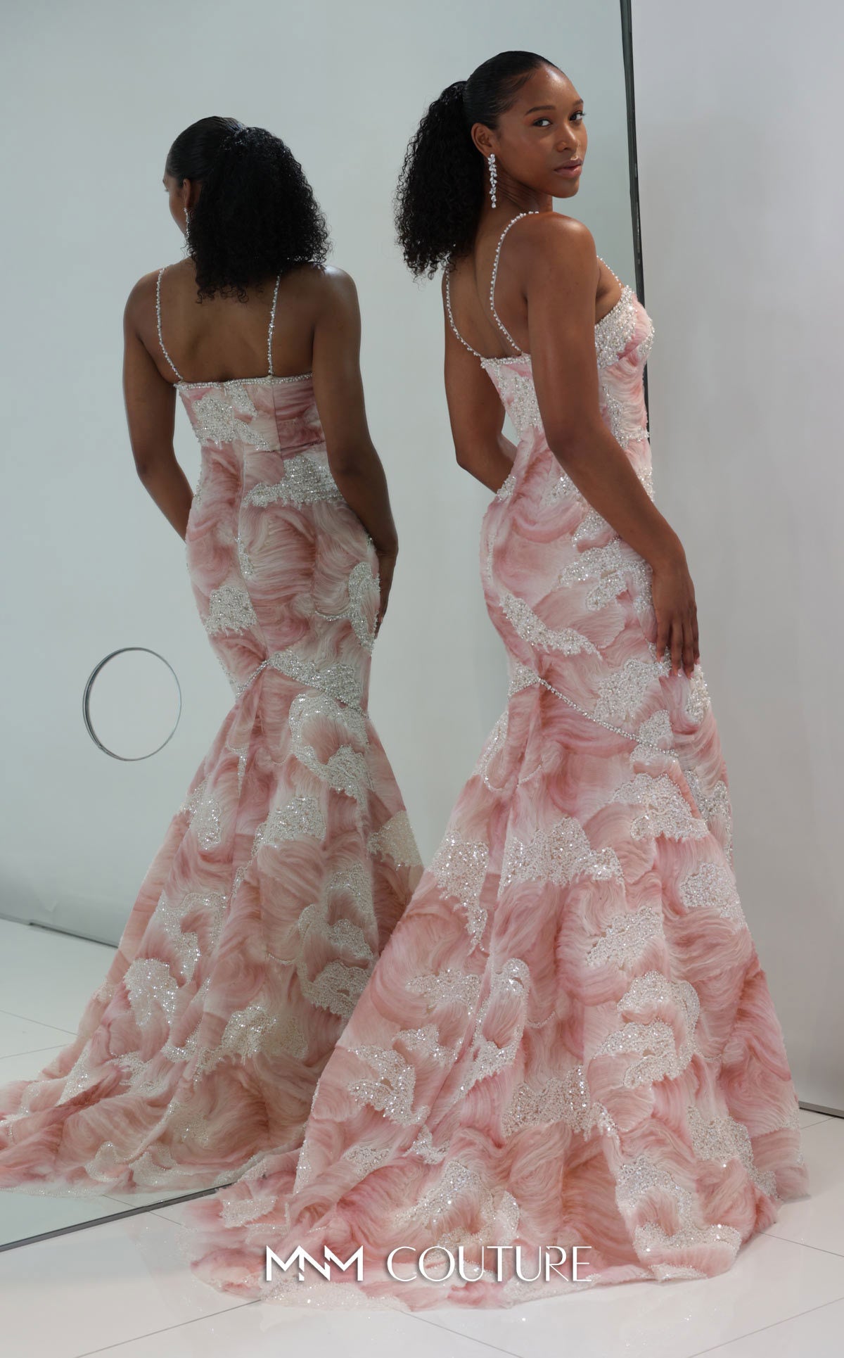 MNM Couture M1133 Pink Spaghetti Straps 3D Wave Tulle Mermaid Gown with Pearl Detailing
