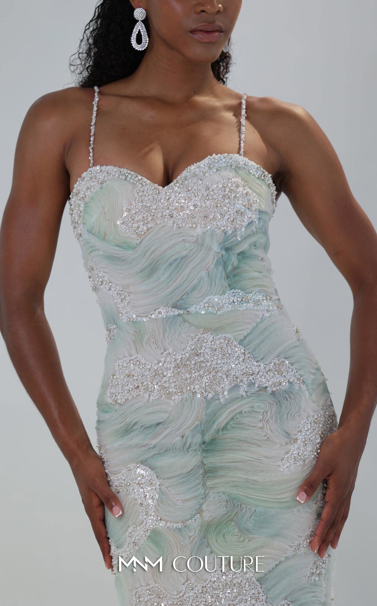 MNM Couture M1133 Pink Spaghetti Straps 3D Wave Tulle Mermaid Gown with Pearl Detailing