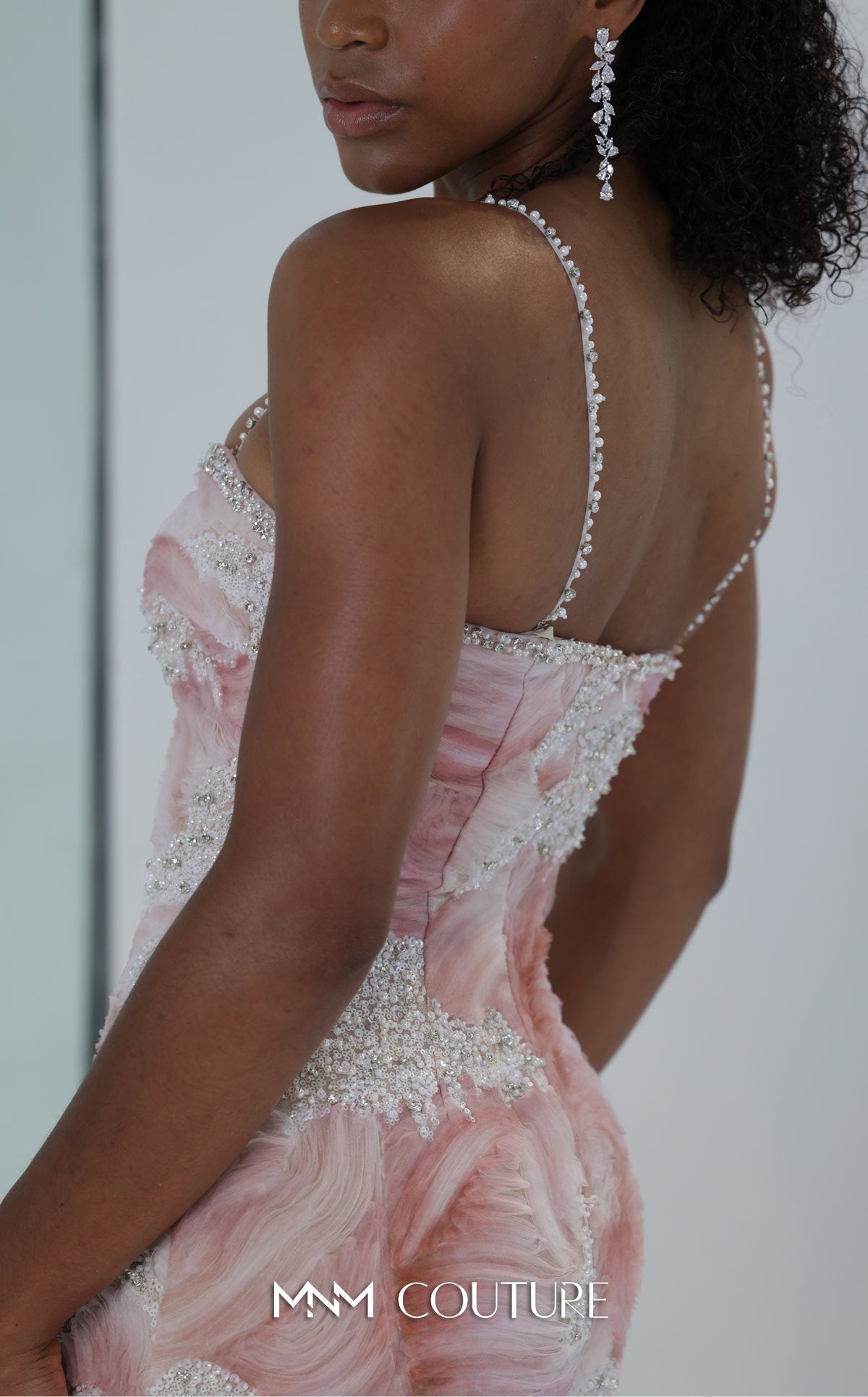 MNM Couture M1133 Pink Spaghetti Straps 3D Wave Tulle Mermaid Gown with Pearl Detailing