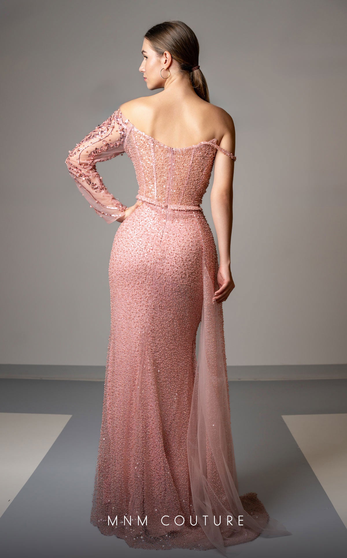 MNM Couture M1165 Pink Asymmetrical Embroidered Mesh Gown with High Slit