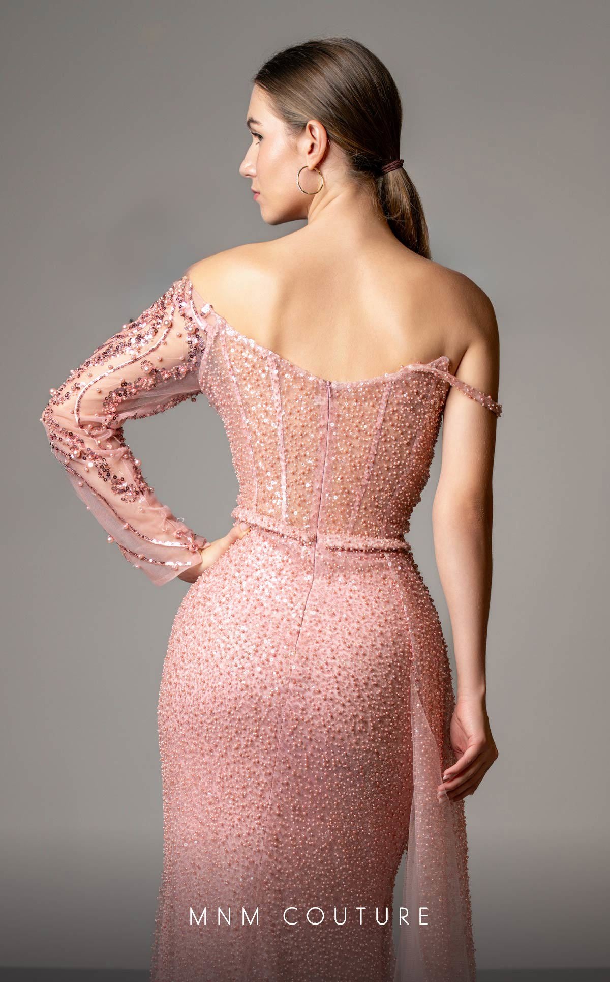 MNM Couture M1165 Pink Asymmetrical Embroidered Mesh Gown with High Slit