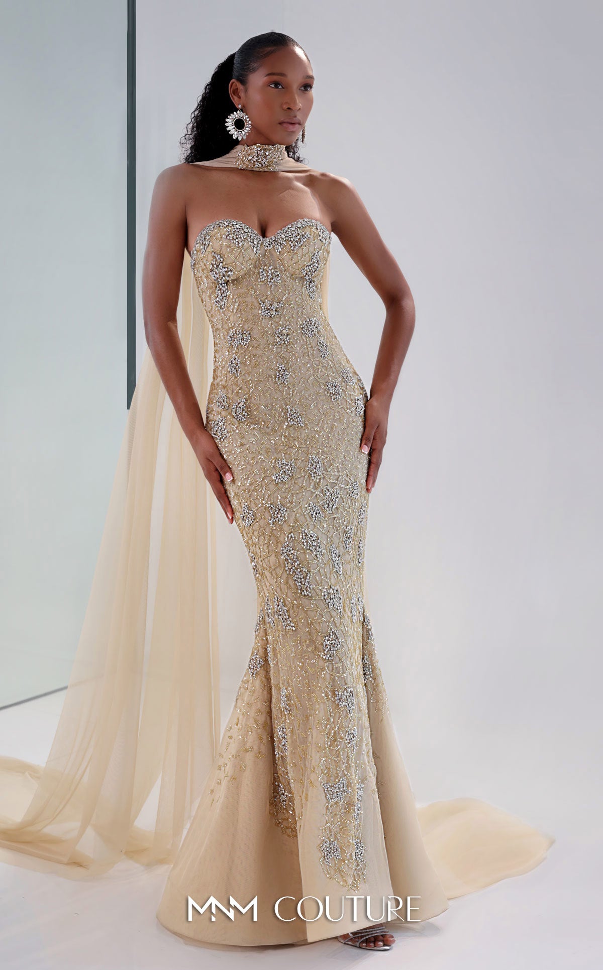 MNM Couture M1188 Gold Strapless Embroidered Mermaid Gown with Sheer Cape